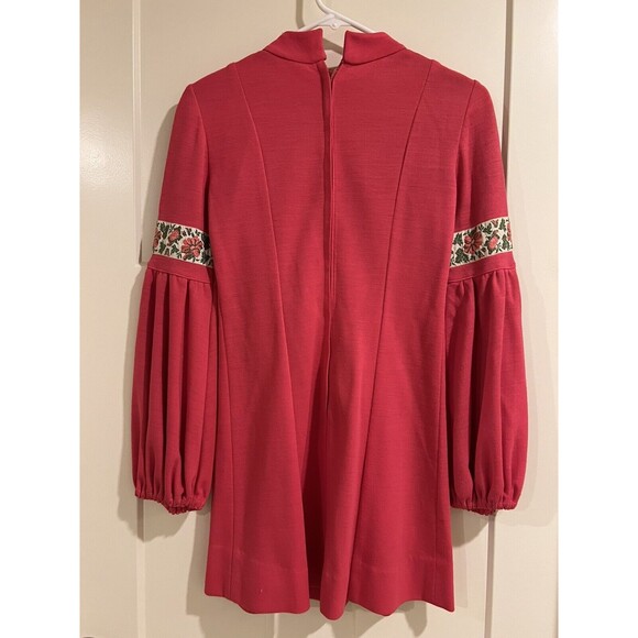 Vintage 70s Mini Sweater Dress Babydoll Balloon Sleeves Floral Trim - Picture 2 of 5